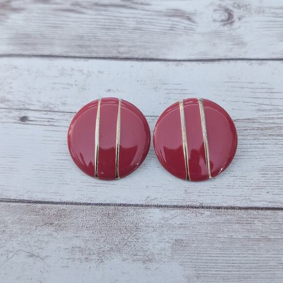 Vintage Earrings for Pierced Ears Red Circle with Gold Tone Stripes 1" - Picture 1 of 5